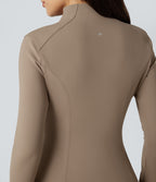 Long Sleeve Thumb Hole Fleece Workout Jacket with Pockets — Khaki Brown — view 8