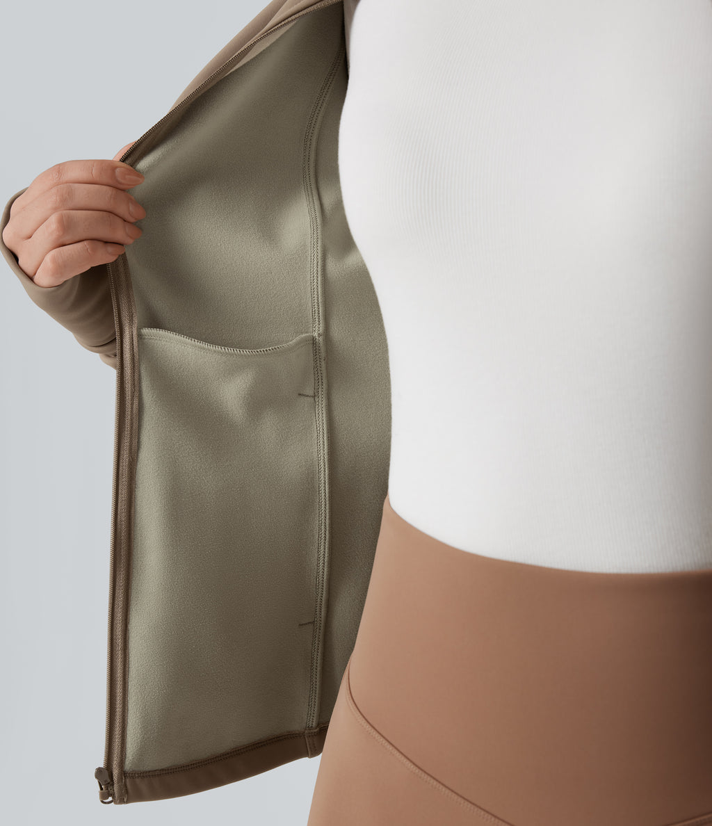 Long Sleeve Thumb Hole Fleece Workout Jacket with Pockets — Khaki Brown — view 5