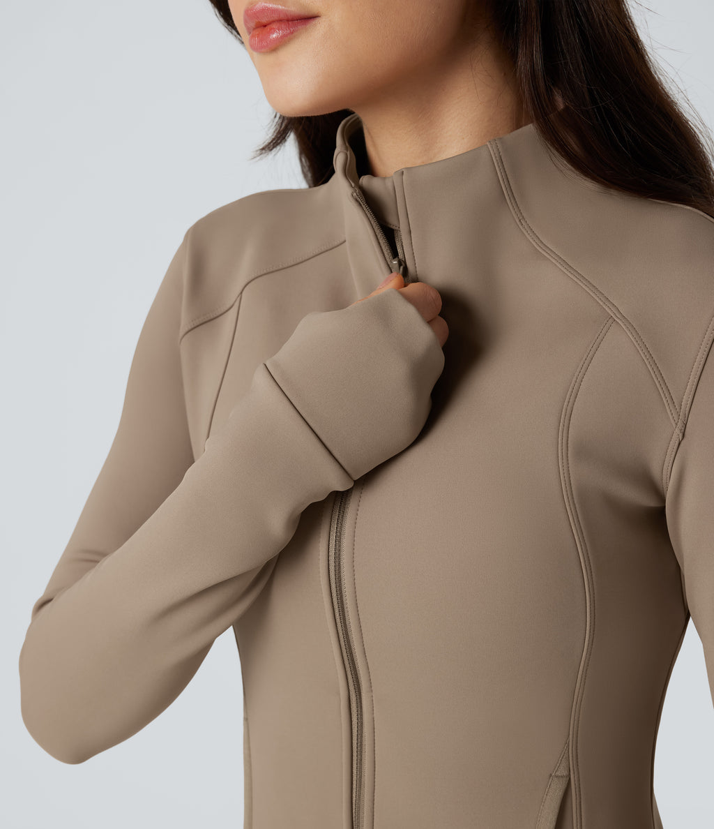 Long Sleeve Thumb Hole Fleece Workout Jacket with Pockets — Khaki Brown — view 4