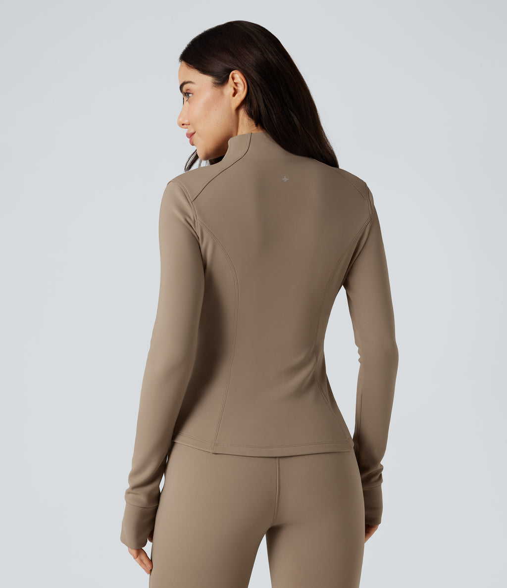 Long Sleeve Thumb Hole Fleece Workout Jacket with Pockets — Khaki Brown — view 2