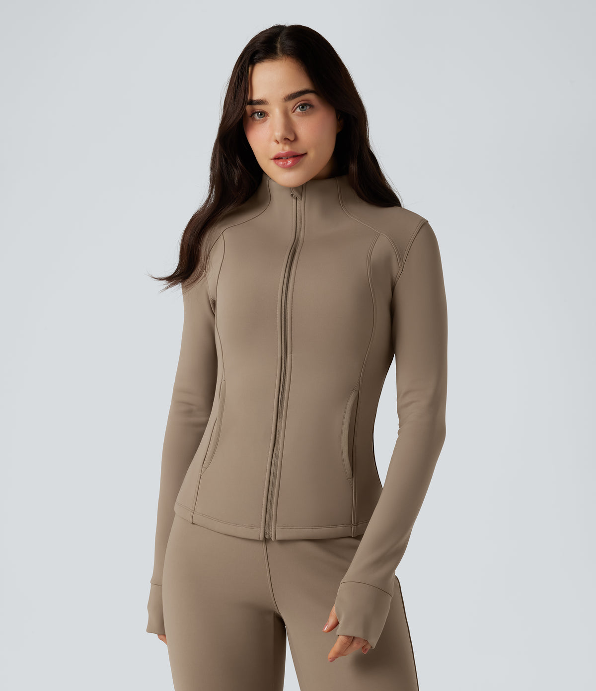 Long Sleeve Thumb Hole Fleece Workout Jacket with Pockets — Khaki Brown — view 3
