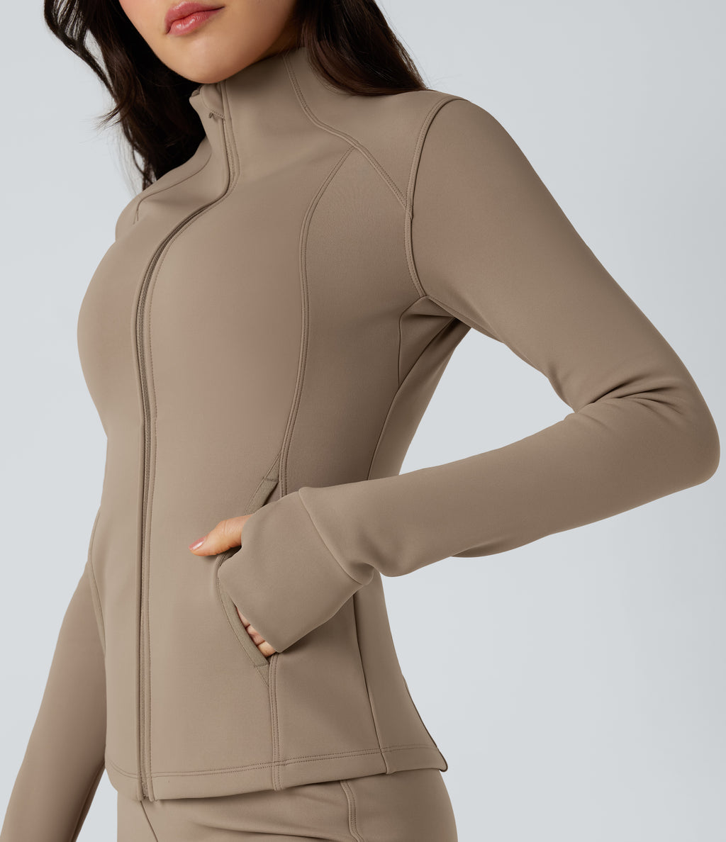 Long Sleeve Thumb Hole Fleece Workout Jacket with Pockets — Khaki Brown — view 6