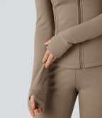 Long Sleeve Thumb Hole Fleece Workout Jacket with Pockets — Khaki Brown — view 7