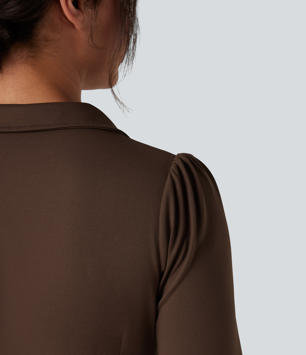 V Neck Long Sleeve Ruched Work Shirt — Chestnut — view 7