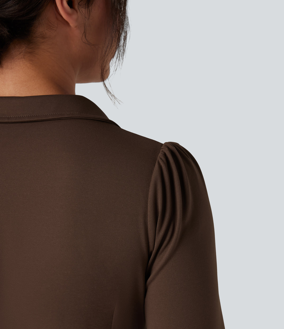 V Neck Long Sleeve Ruched Work Shirt — Chestnut — view 7