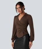 V Neck Long Sleeve Ruched Work Shirt — Chestnut — view 4