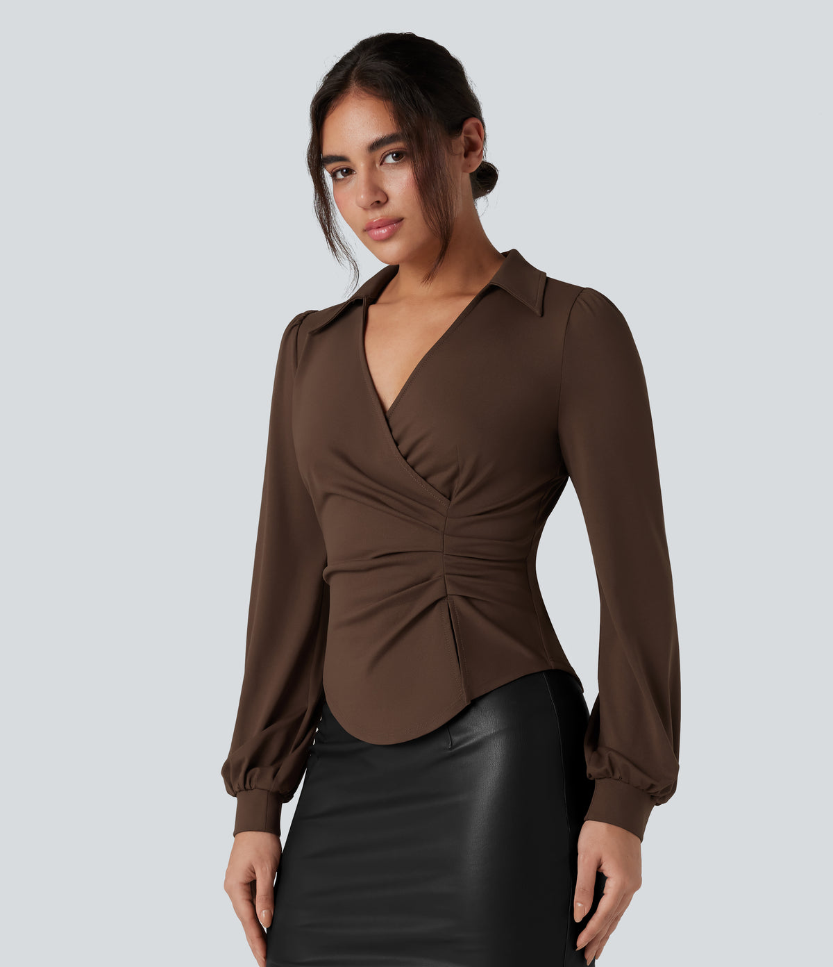 V Neck Long Sleeve Ruched Work Shirt — Chestnut — view 4