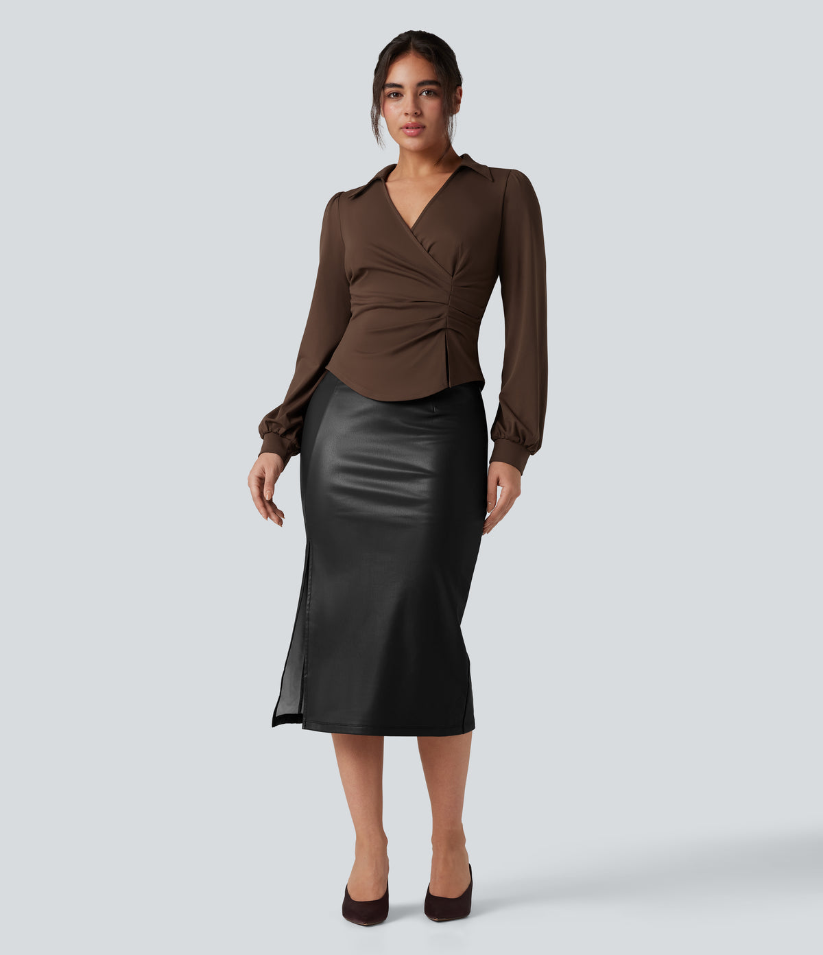 V Neck Long Sleeve Ruched Work Shirt — Chestnut — view 8