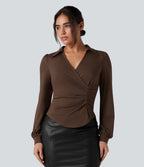 V Neck Long Sleeve Ruched Work Shirt — Chestnut — view 2