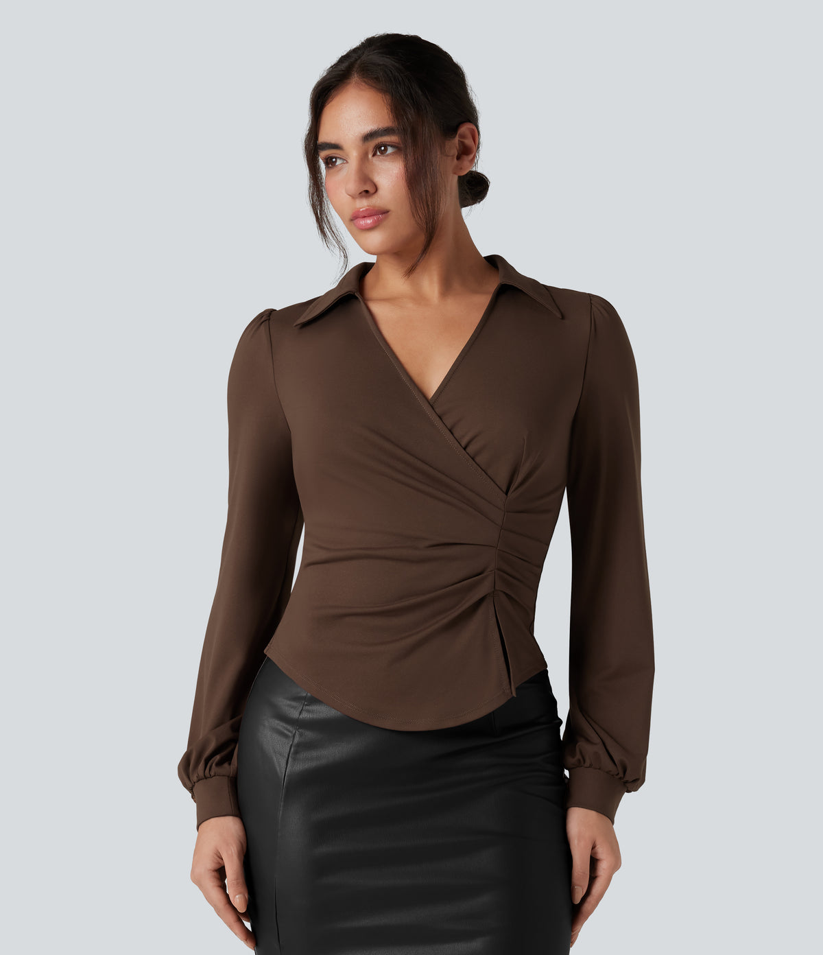V Neck Long Sleeve Ruched Work Shirt — Chestnut — view 2