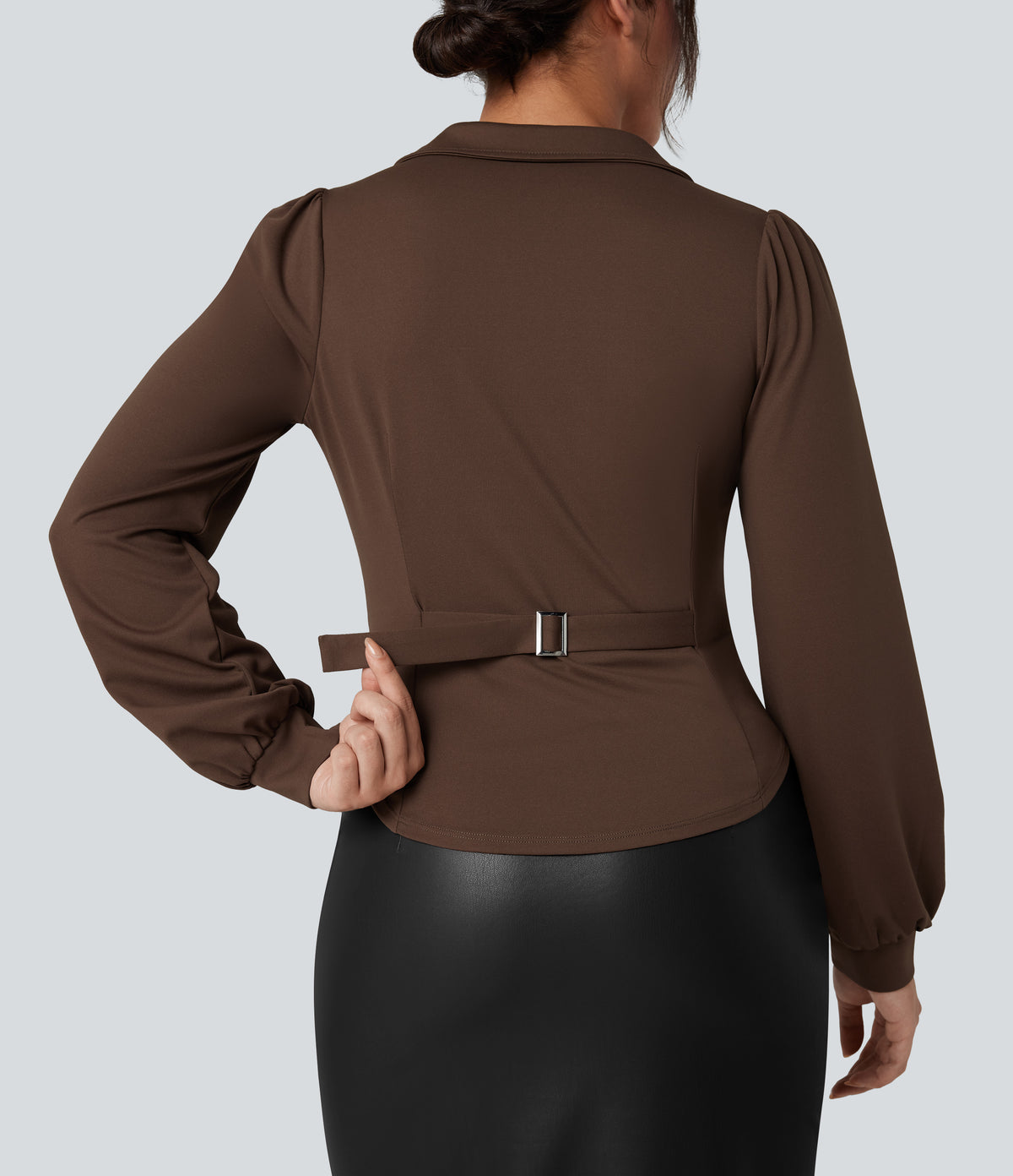 V Neck Long Sleeve Ruched Work Shirt — Chestnut — view 6