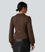V Neck Long Sleeve Ruched Work Shirt — Chestnut — view 3