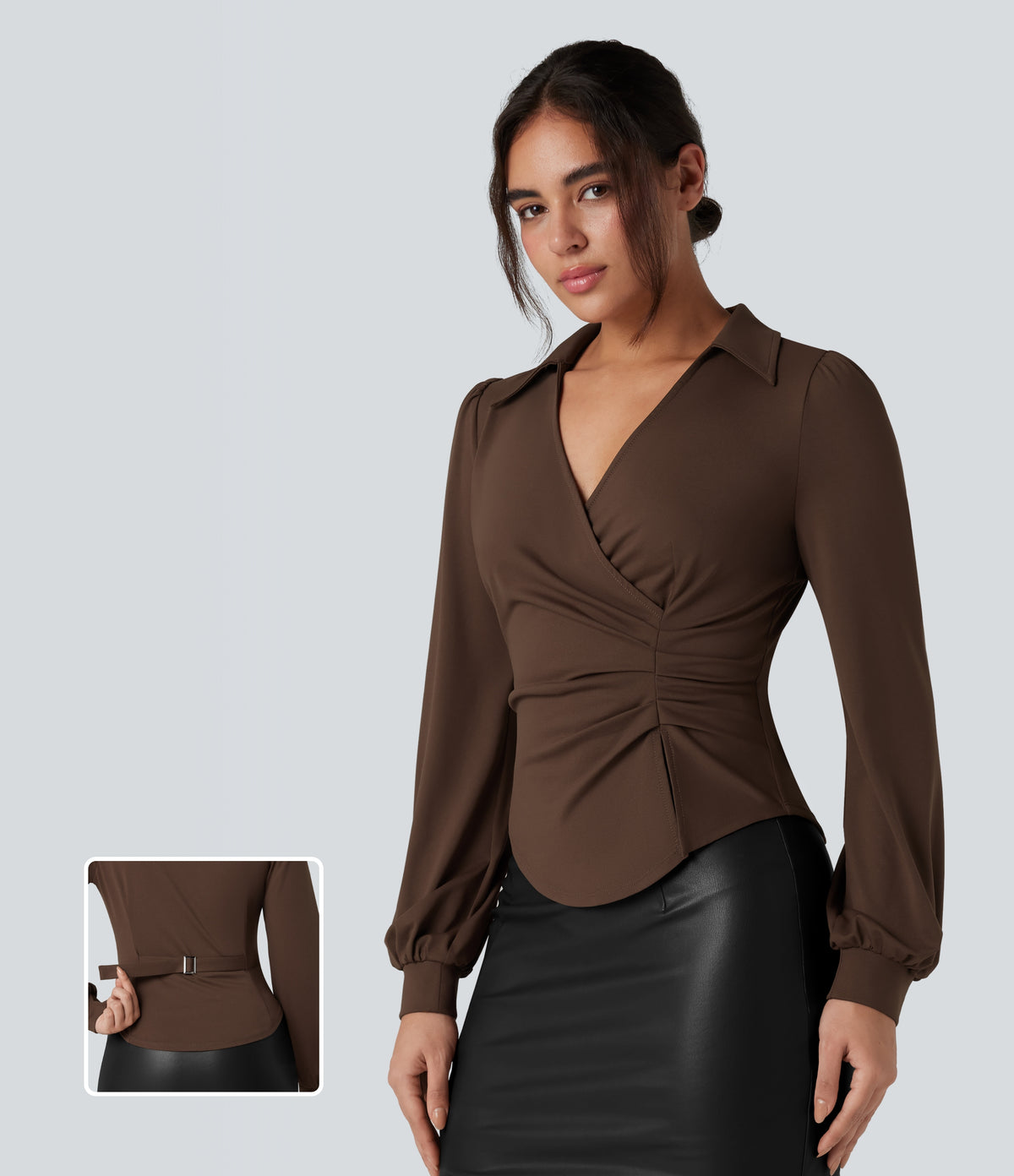 V Neck Long Sleeve Ruched Work Shirt — Chestnut — view 1