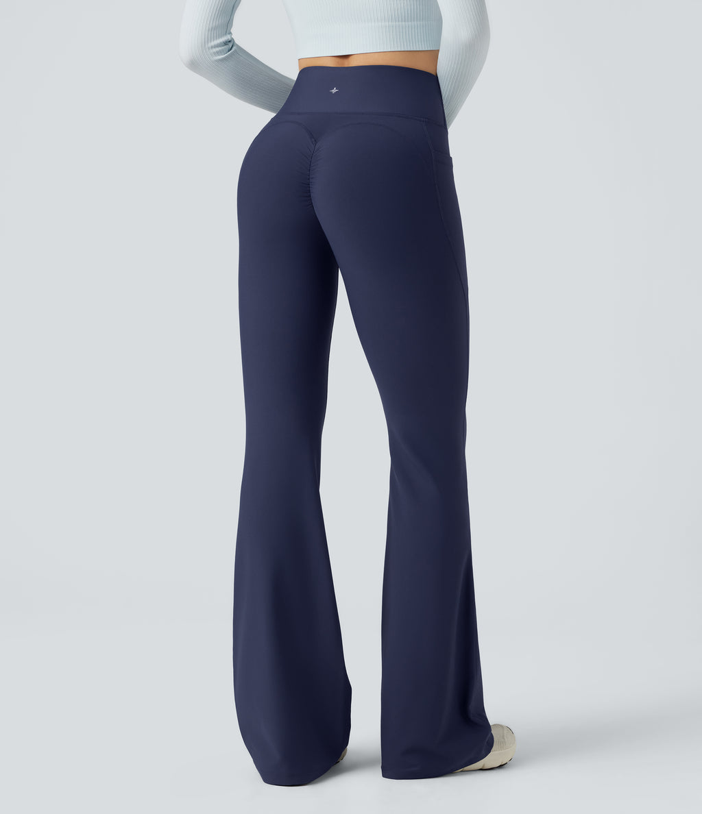 High Waisted Scrunch Fleece Yoga Flared Warming Trousers with Pockets — Peacoat — view 2