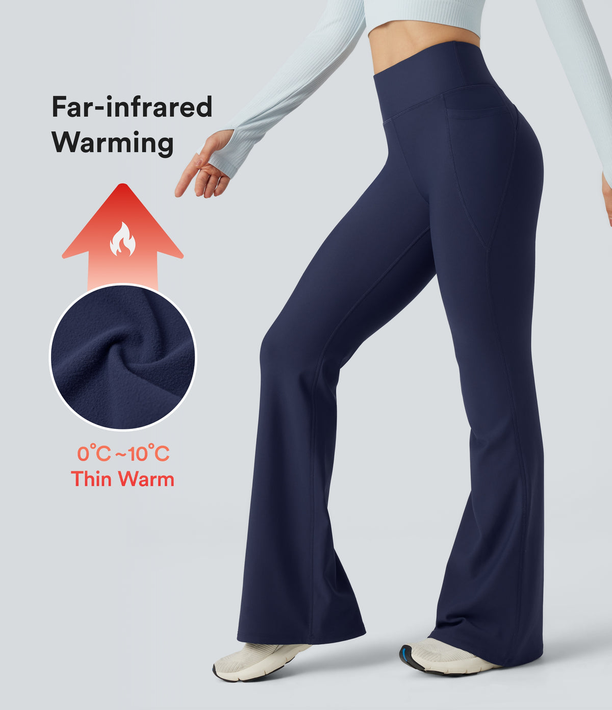 High Waisted Scrunch Fleece Yoga Flared Warming Trousers with Pockets — Peacoat — view 1