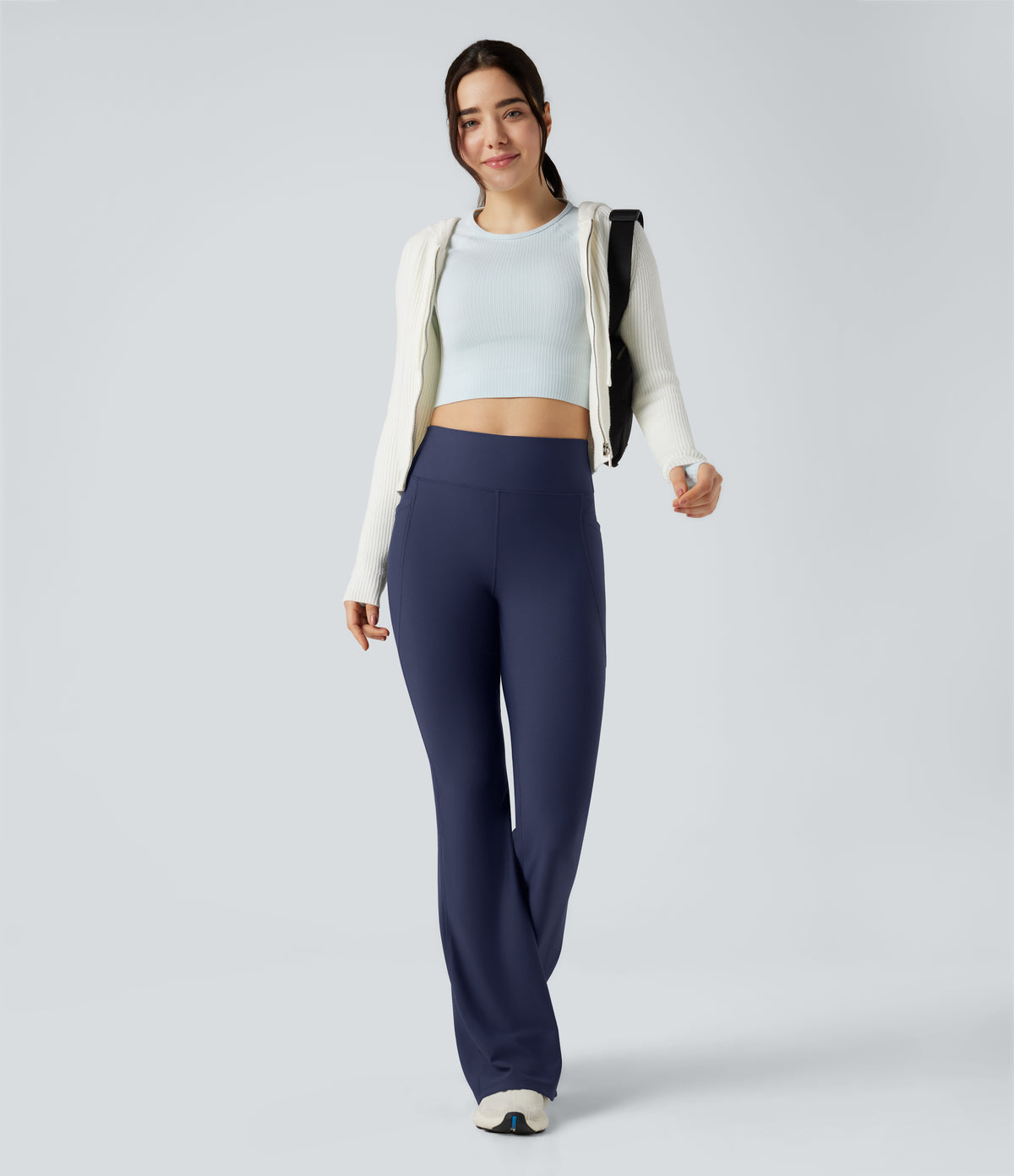 High Waisted Scrunch Fleece Yoga Flared Warming Trousers with Pockets — Peacoat — view 6