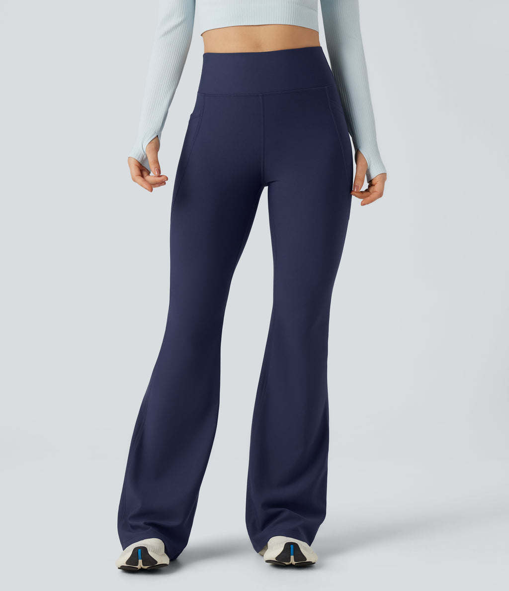 High Waisted Scrunch Fleece Yoga Flared Warming Trousers with Pockets — Peacoat — view 3