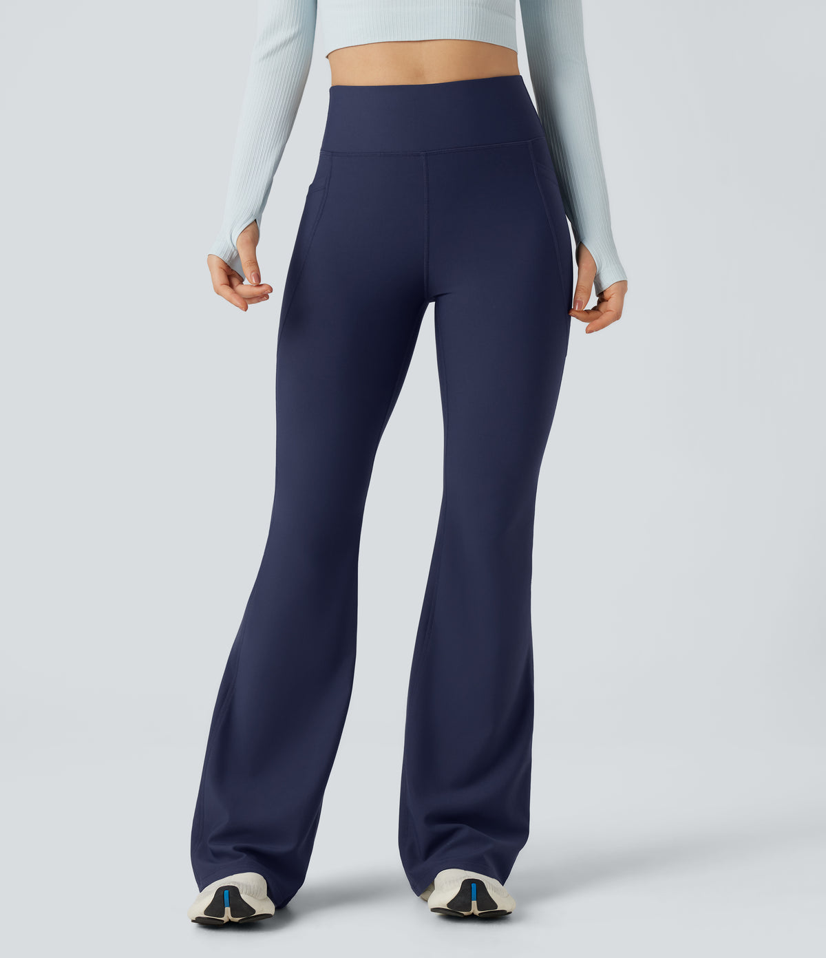 High Waisted Scrunch Fleece Yoga Flared Warming Trousers with Pockets — Peacoat — view 3