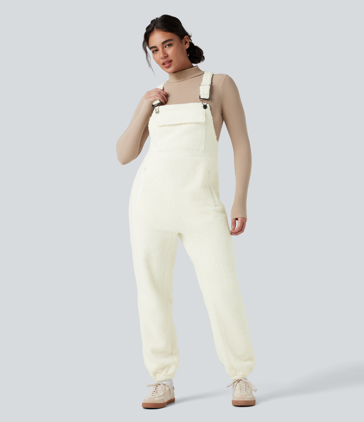 Casual Sherpa Jogger Dungarees with Pockets — Cheese White — view 1