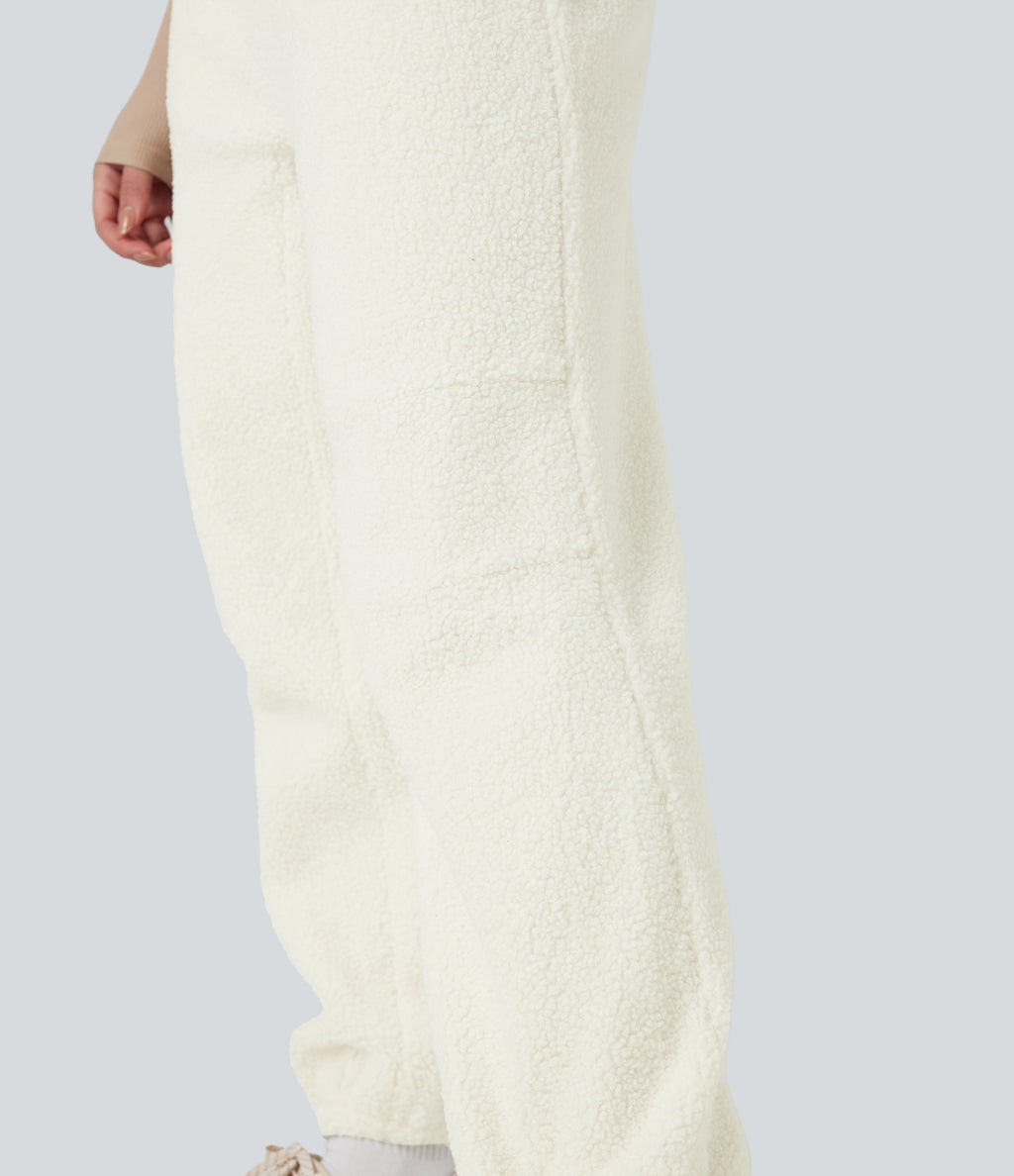 Casual Sherpa Jogger Dungarees with Pockets — Cheese White — view 6