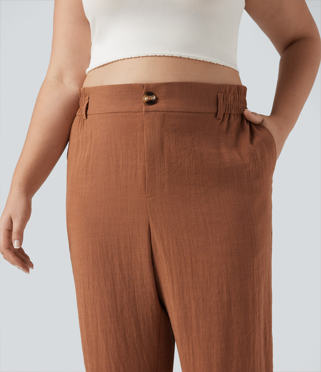 High Waisted Capri Linen-Feel Resort Plus Size Trousers with Pockets — Sierra — view 4