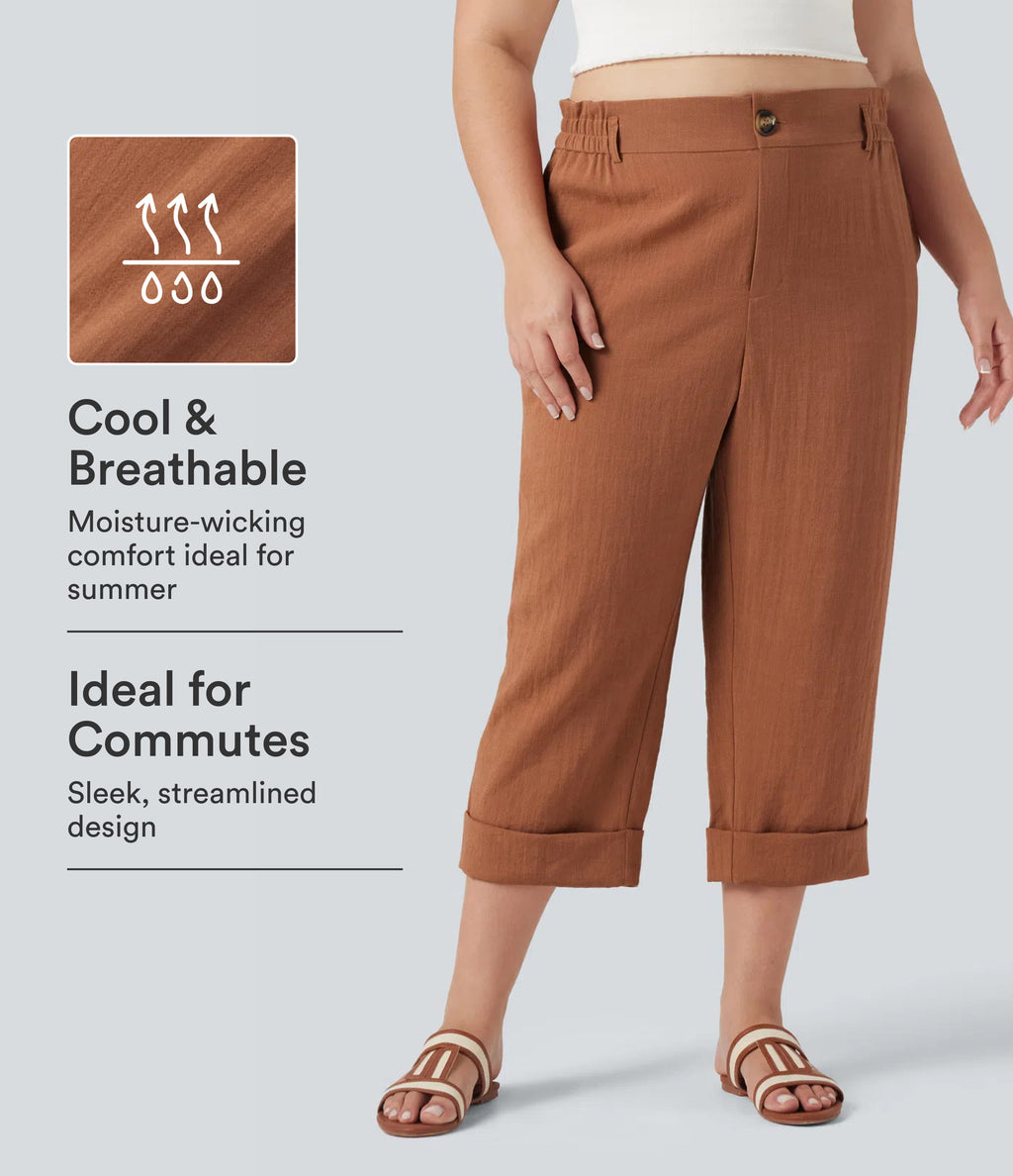 High Waisted Capri Linen-Feel Resort Plus Size Trousers with Pockets — Sierra — view 1