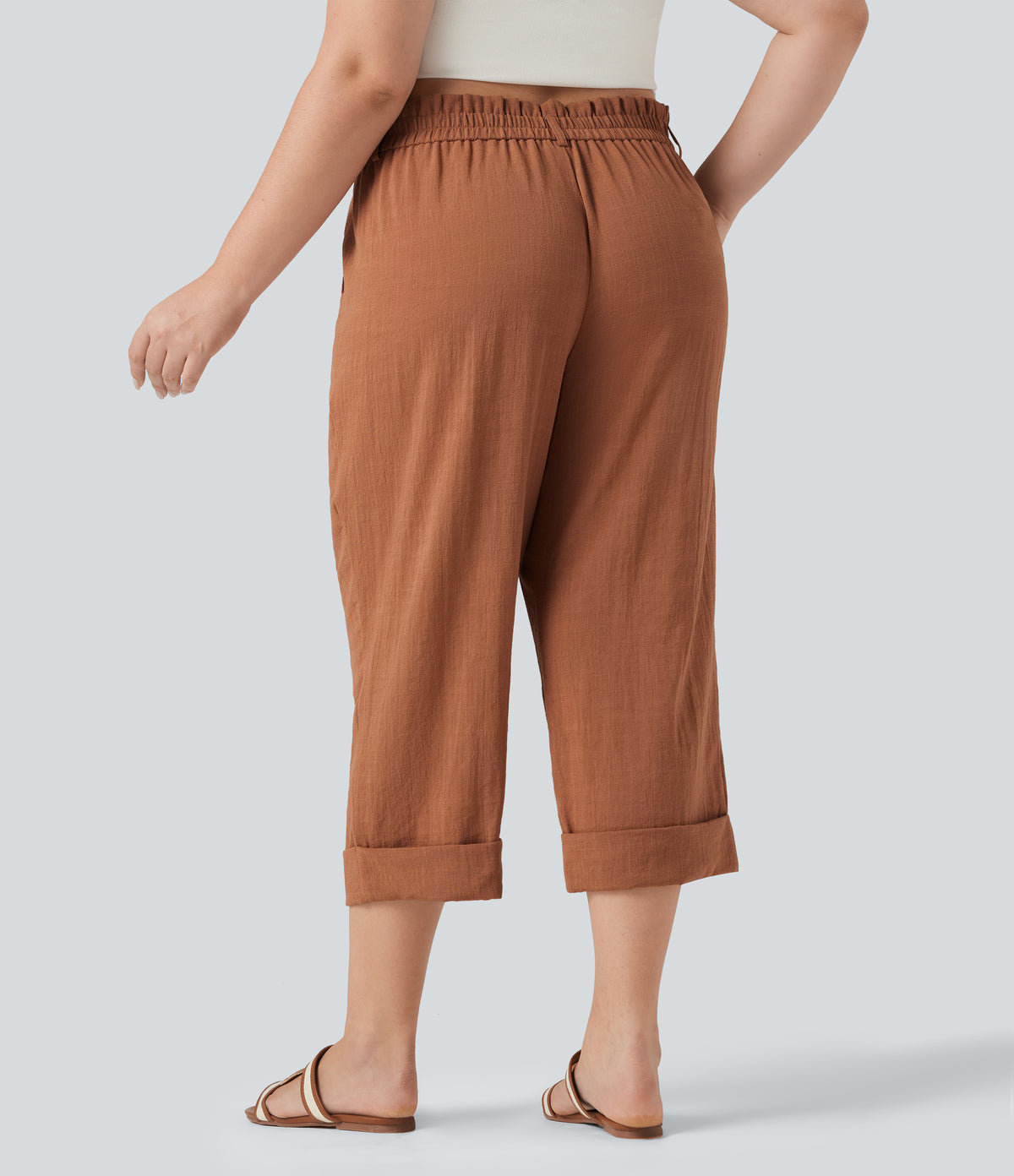 High Waisted Capri Linen-Feel Resort Plus Size Trousers with Pockets — Sierra — view 2
