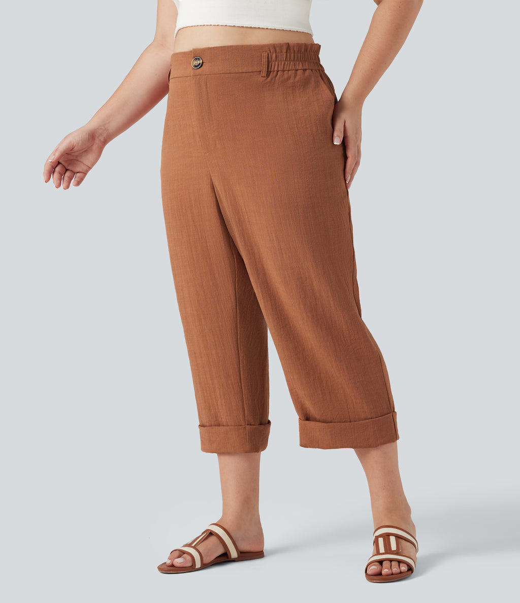 High Waisted Capri Linen-Feel Resort Plus Size Trousers with Pockets — Sierra — view 3