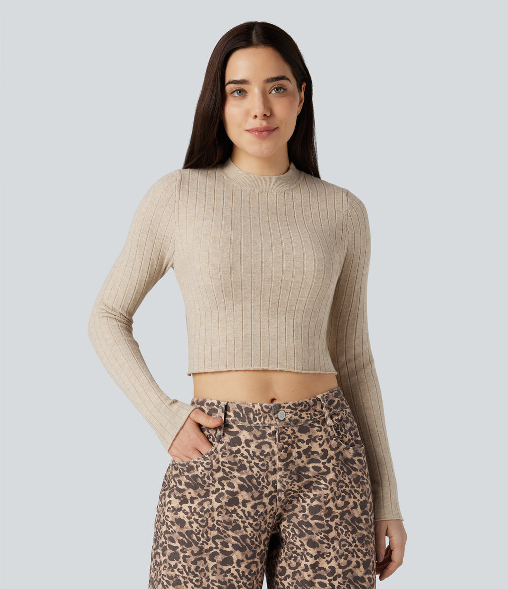 Mock-neck Long Sleeve Cropped Casual Jumper — Cement — view 2