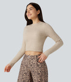 Mock-neck Long Sleeve Cropped Casual Jumper — Cement — view 4