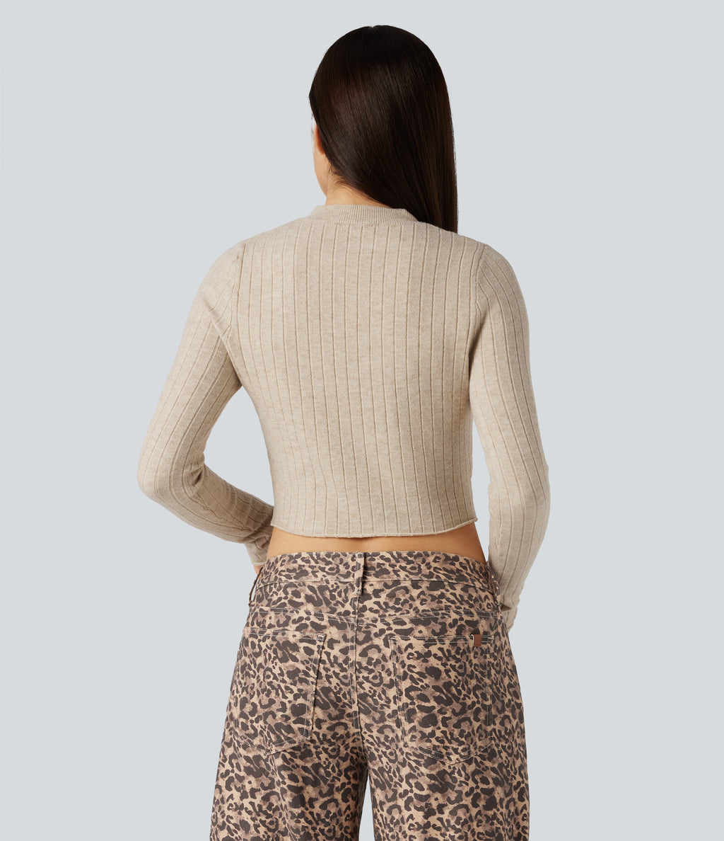 Mock-neck Long Sleeve Cropped Casual Jumper — Cement — view 3