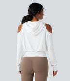 Hooded Cold Shoulder Long Sleeve Workout Sports Sweatshirt — White — view 2