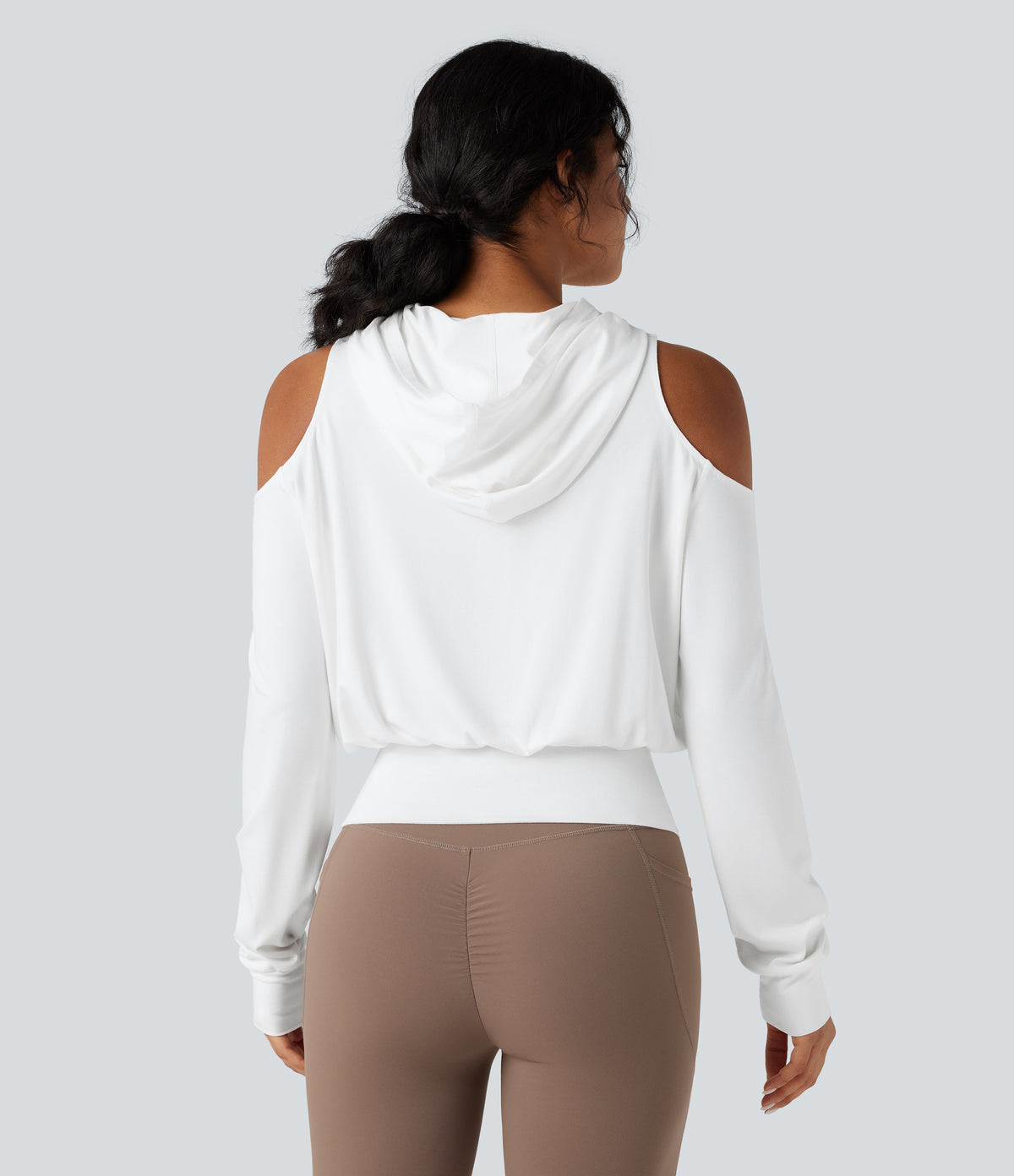 Hooded Cold Shoulder Long Sleeve Workout Sports Sweatshirt — White — view 2