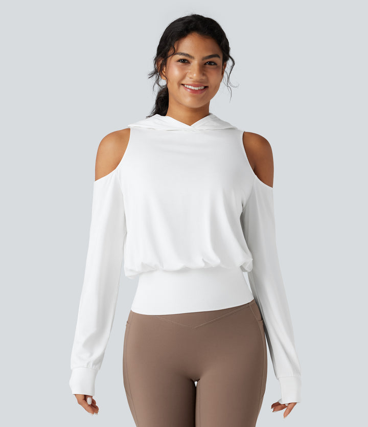 Hooded Cold Shoulder Long Sleeve Workout Sports Sweatshirt — White — view 1
