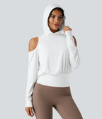 Hooded Cold Shoulder Long Sleeve Workout Sports Sweatshirt — White — view 6
