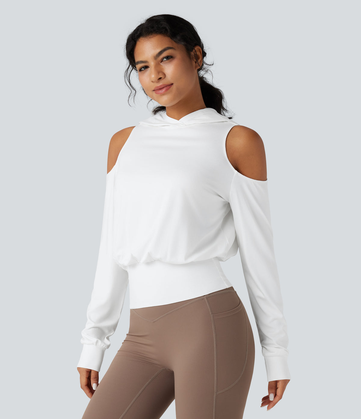 Hooded Cold Shoulder Long Sleeve Workout Sports Sweatshirt — White — view 3