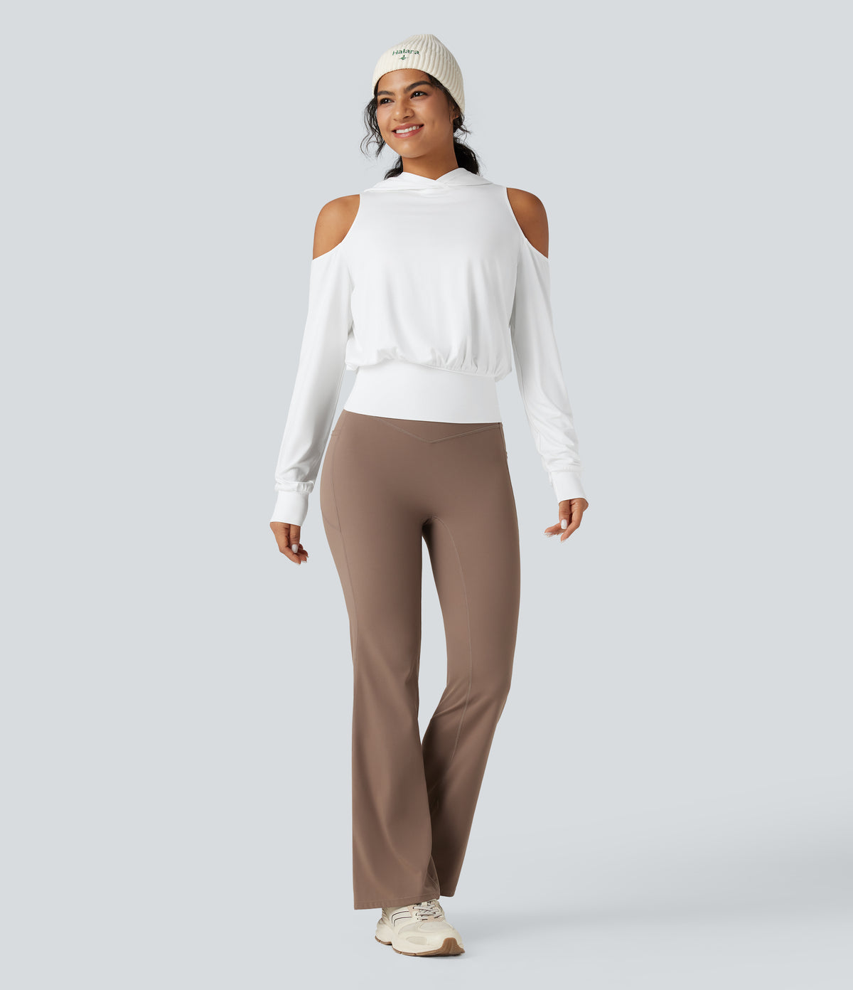 Hooded Cold Shoulder Long Sleeve Workout Sports Sweatshirt — White — view 7