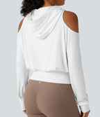 Hooded Cold Shoulder Long Sleeve Workout Sports Sweatshirt — White — view 5