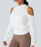Hooded Cold Shoulder Long Sleeve Workout Sports Sweatshirt — White — view 4