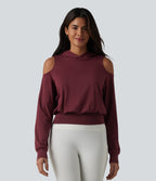 Hooded Cold Shoulder Long Sleeve Workout Sports Sweatshirt — New Maroon — view 8