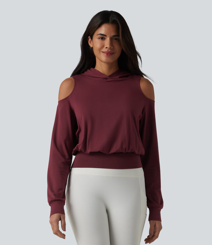 Hooded Cold Shoulder Long Sleeve Workout Sports Sweatshirt — New Maroon — view 8