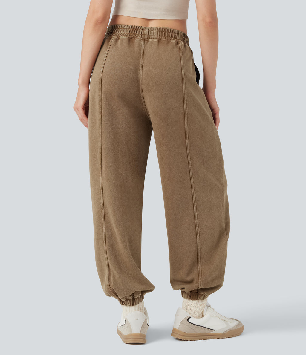 Mid Rise Washed French Terry Casual Cotton Joggers with Pockets — Fondue Fudge — view 2