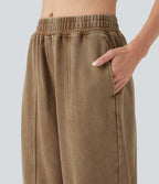 Mid Rise Washed French Terry Casual Cotton Joggers with Pockets — Fondue Fudge — view 4