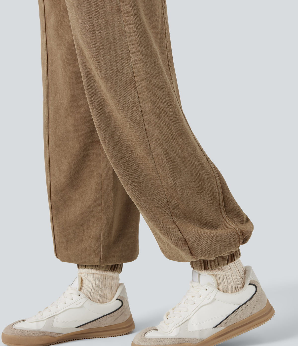 Mid Rise Washed French Terry Casual Cotton Joggers with Pockets — Fondue Fudge — view 5