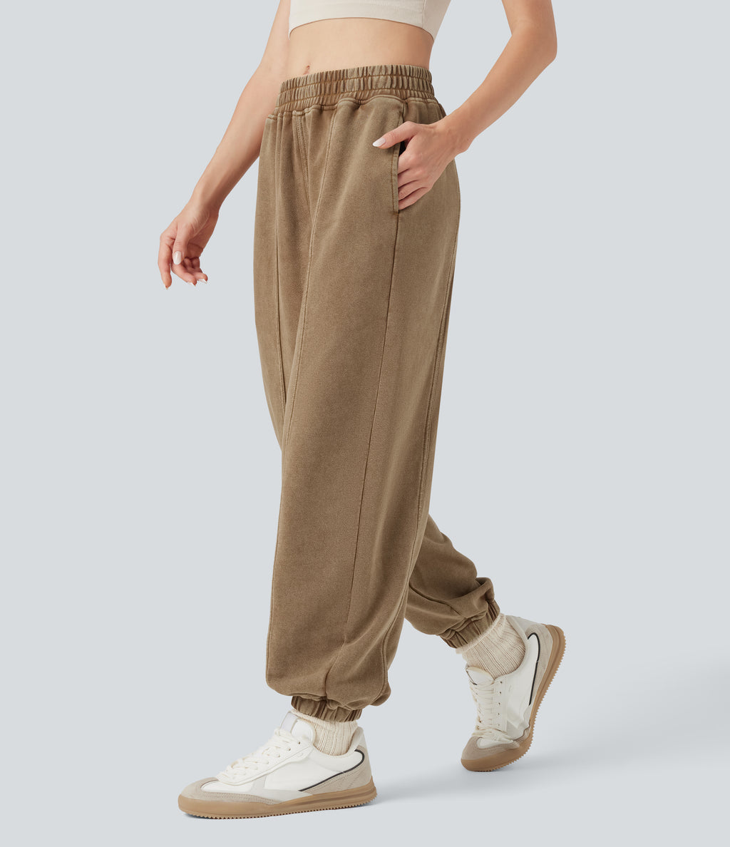 Mid Rise Washed French Terry Casual Cotton Joggers with Pockets — Fondue Fudge — view 1
