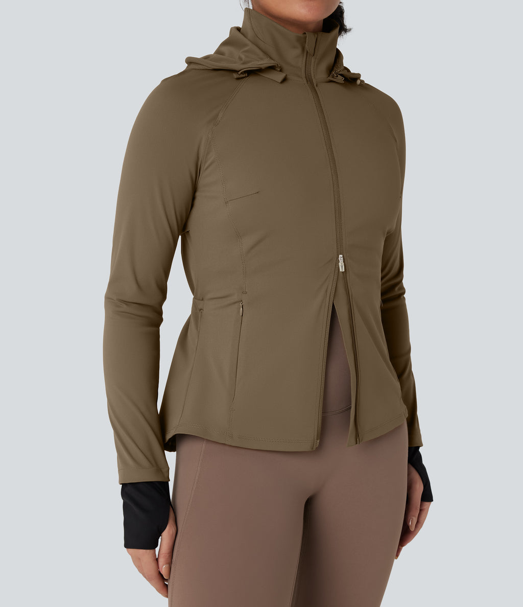 Removable Hood Thumb Holes Drawstring 2-Way Zipper Hiking Jacket with Pockets — Chestnut Brown — view 6