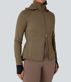 Removable Hood Thumb Holes Drawstring 2-Way Zipper Hiking Jacket with Pockets — Chestnut Brown — view 6