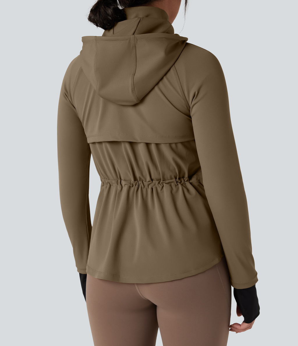 Removable Hood Thumb Holes Drawstring 2-Way Zipper Hiking Jacket with Pockets — Chestnut Brown — view 7