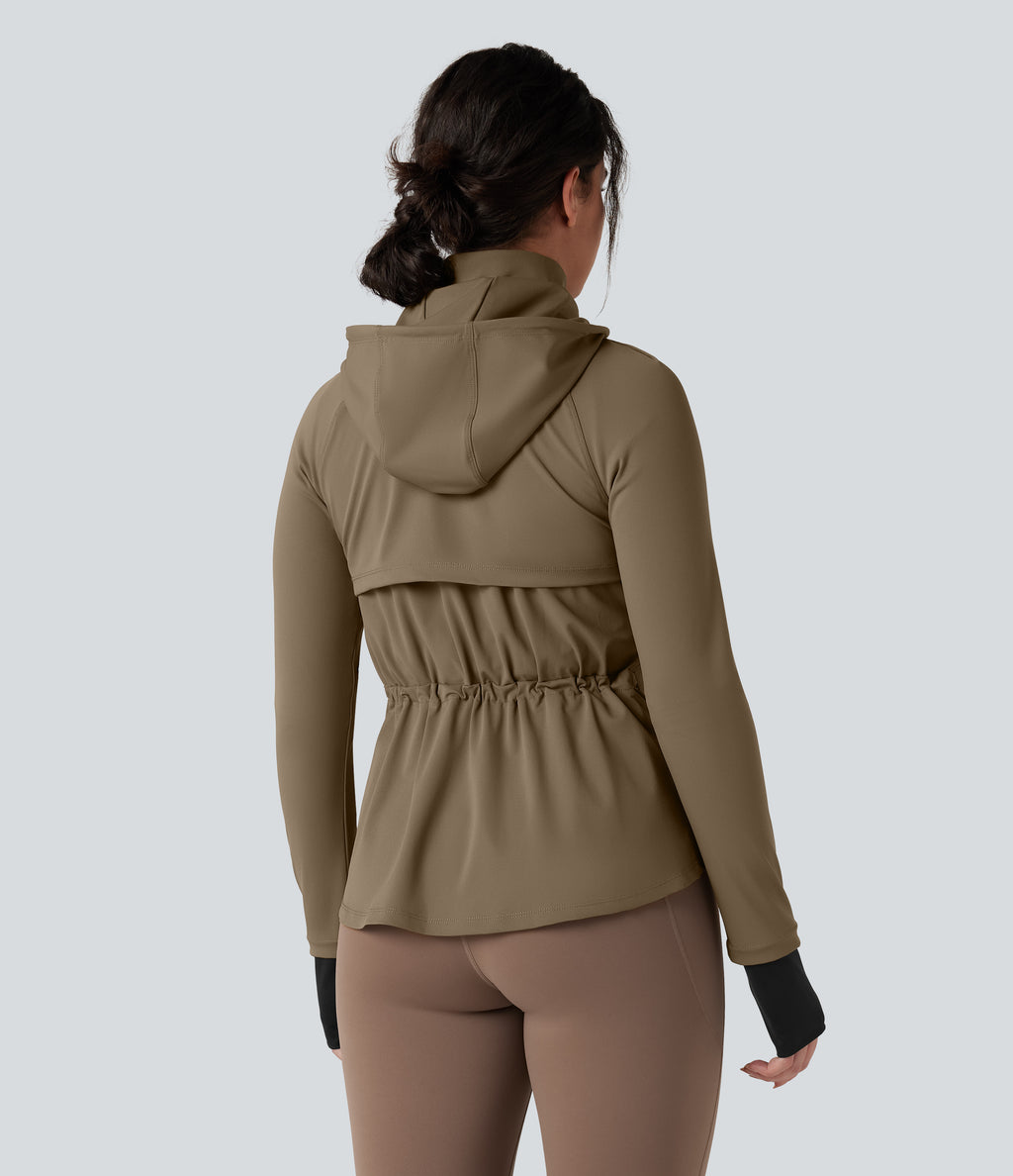 Removable Hood Thumb Holes Drawstring 2-Way Zipper Hiking Jacket with Pockets — Chestnut Brown — view 1