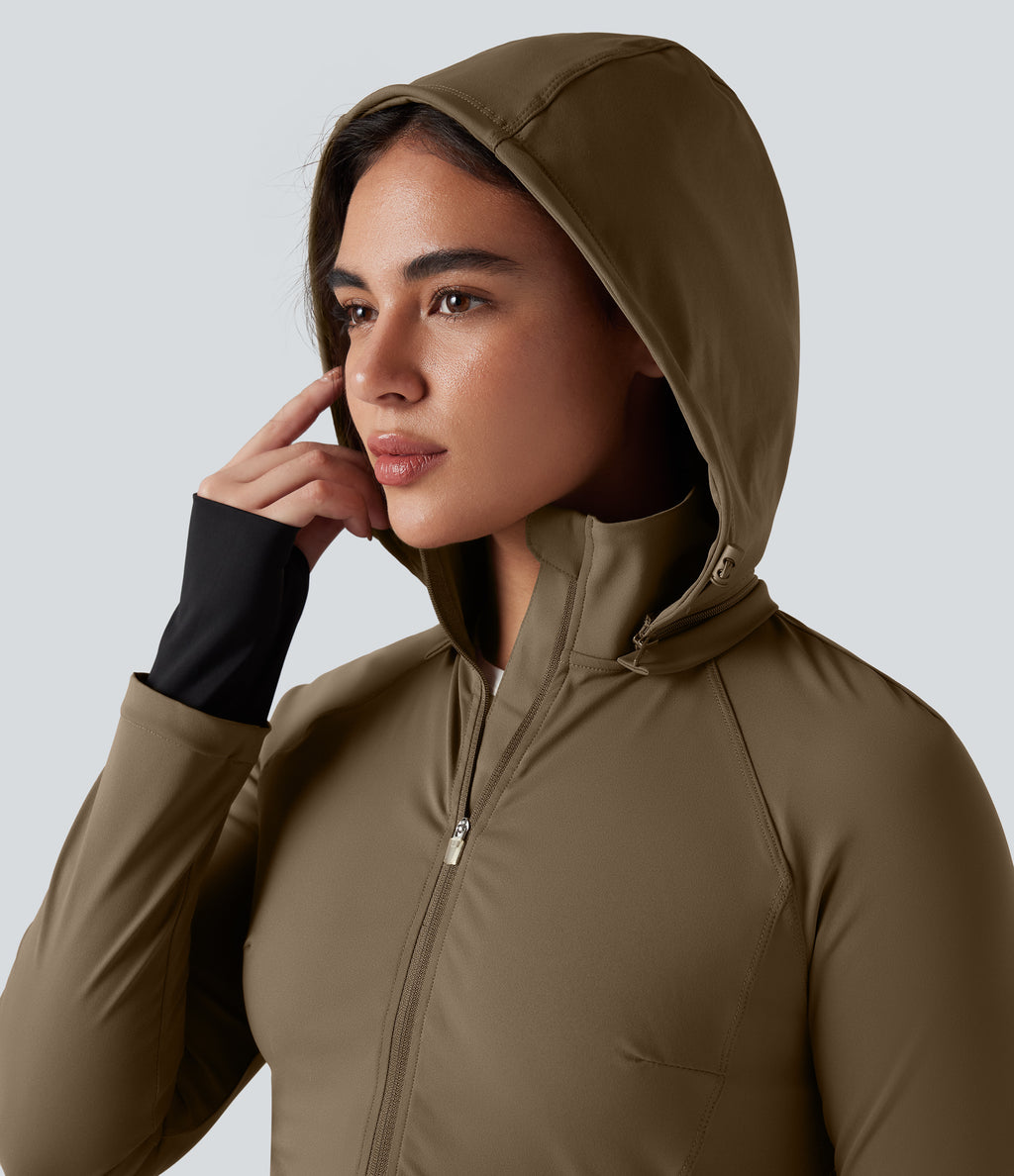 Removable Hood Thumb Holes Drawstring 2-Way Zipper Hiking Jacket with Pockets — Chestnut Brown — view 4